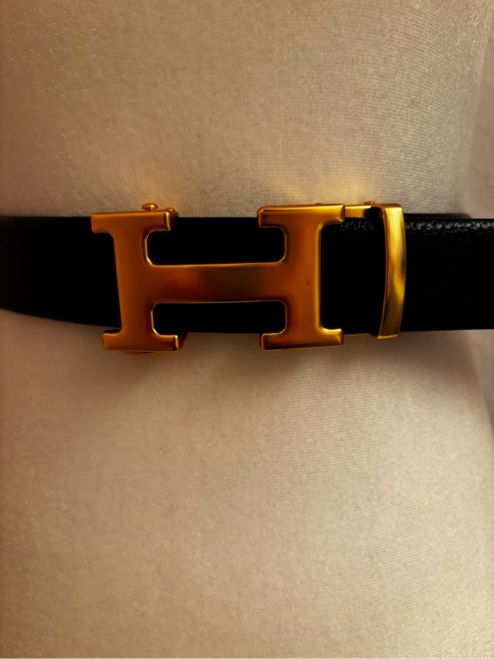 Black Leather Belt with Gold H Buckle
